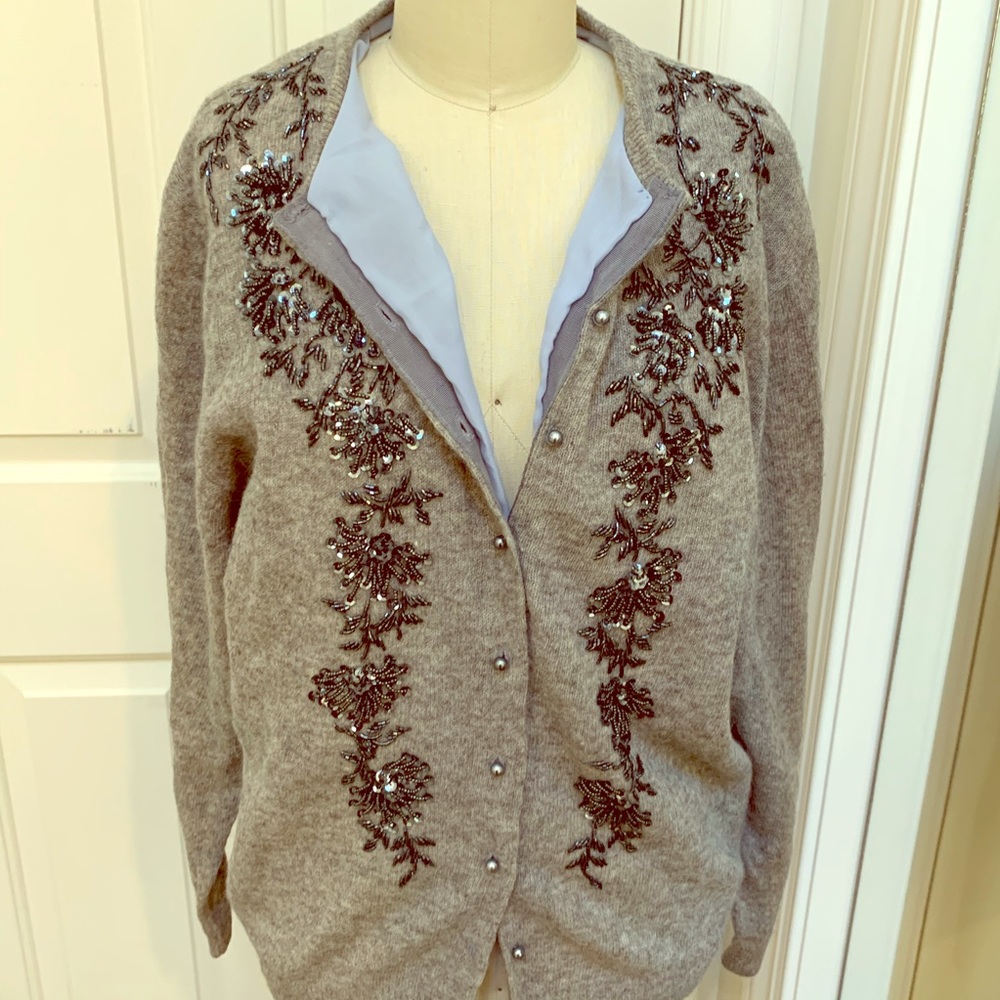 Vintage beaded sequin gray angora cardigan sweater